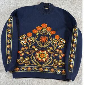 VINTAGE 80s Turkish Sweater Womens Size 36 Blue Floral Nordic Knit Virgin Wool